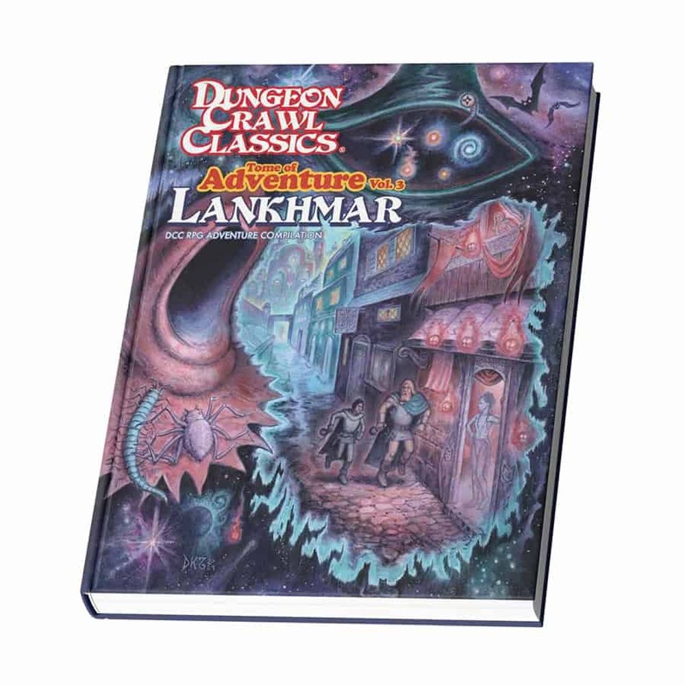 The Goodman Games Dungeon Crawl Classics RPG Tome of Adventure Volume 3 Lankhmar Book features a fantastical cover with a city street, adventurers, and cosmic elements
