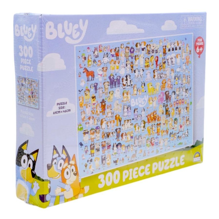 A light blue Bluey 300-piece puzzle box, showing a grid of cartoon dog characters, with Bluey and Bingo on the side