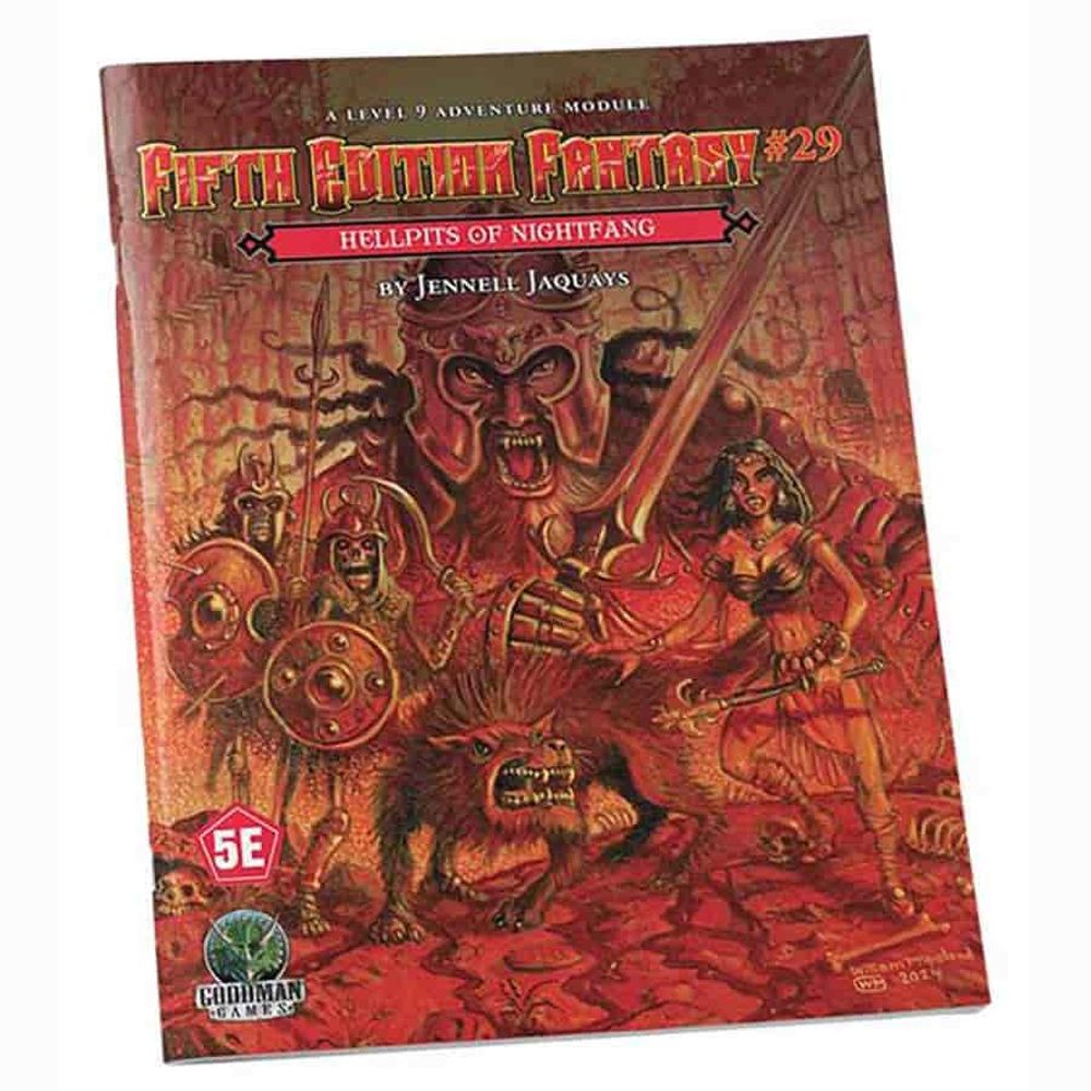 The Fifth Edition Fantasy #29 Hellpits of Nightfang book cover depicts a fierce warrior, a woman, skeleton soldiers, and a snarling monster against a reddish, fiery backdrop