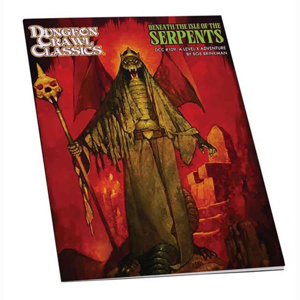 The cover of Dungeon Crawl Classics #109 Beneath the Isle of the Serpents book features a robed winged serpent-like creature holding a skull-topped staff