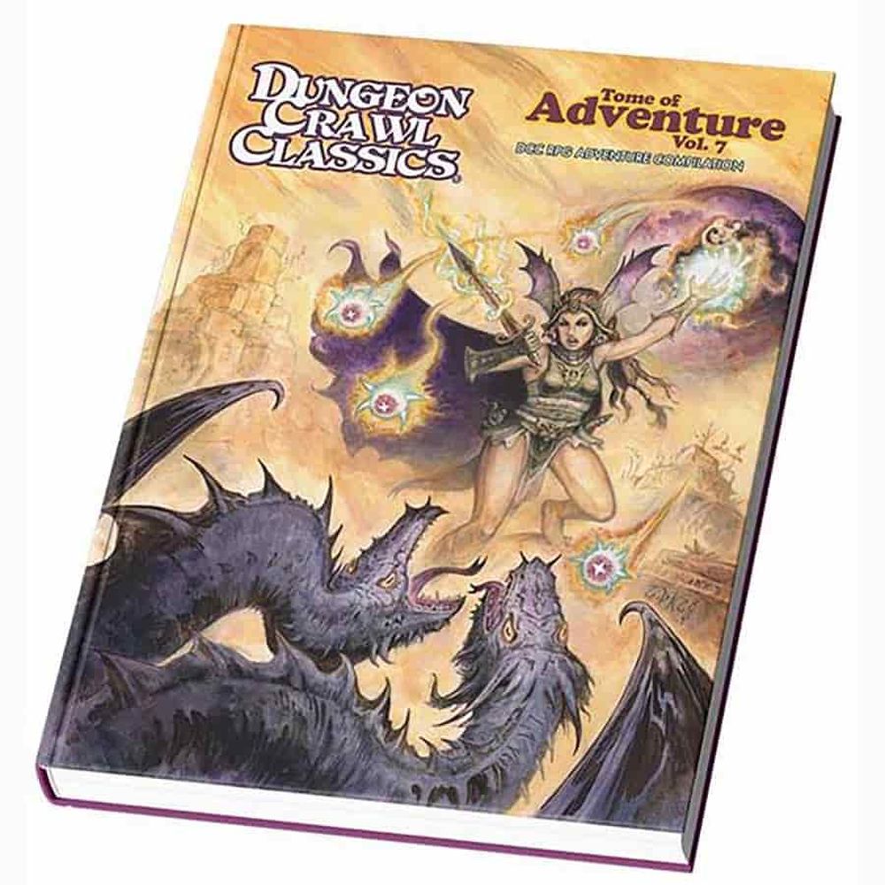 Dungeon Crawl Classics Tome of Adventure Vol. 7 cover. A winged sorceress casts magic at two dark, scaly dragons