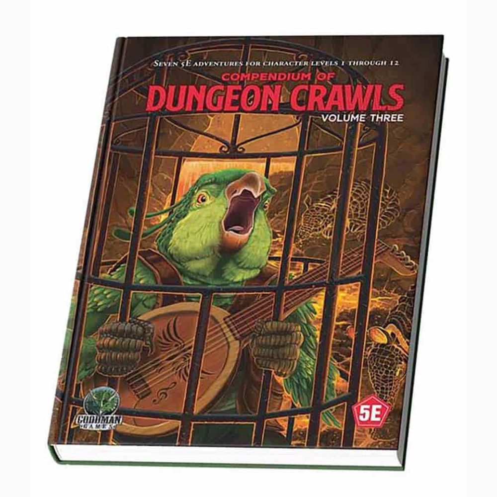 A book titled Compendium of Dungeon Crawls Volume Three shows a green parrot-like creature singing and playing a lute inside a cage