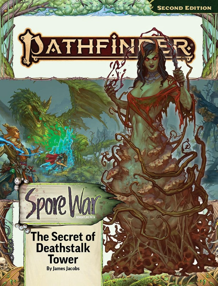 Pathfinder cover: A horned fungal demoness with a dagger and red magic menaces a battling green dragon and adventurers