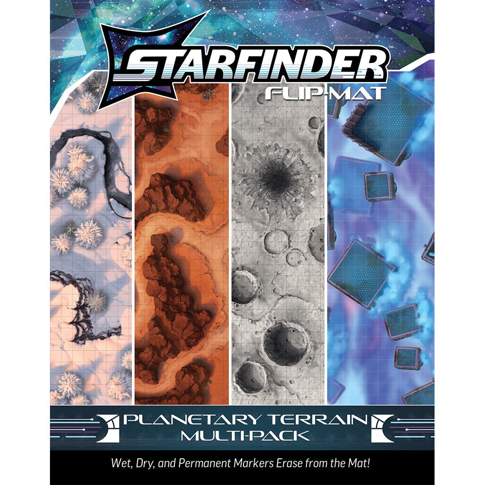 A Starfinder Planetary Terrain Multi-Pack Flip-Mat showing four panels of snow, desert, cratered moon, and futuristic grid landscapes