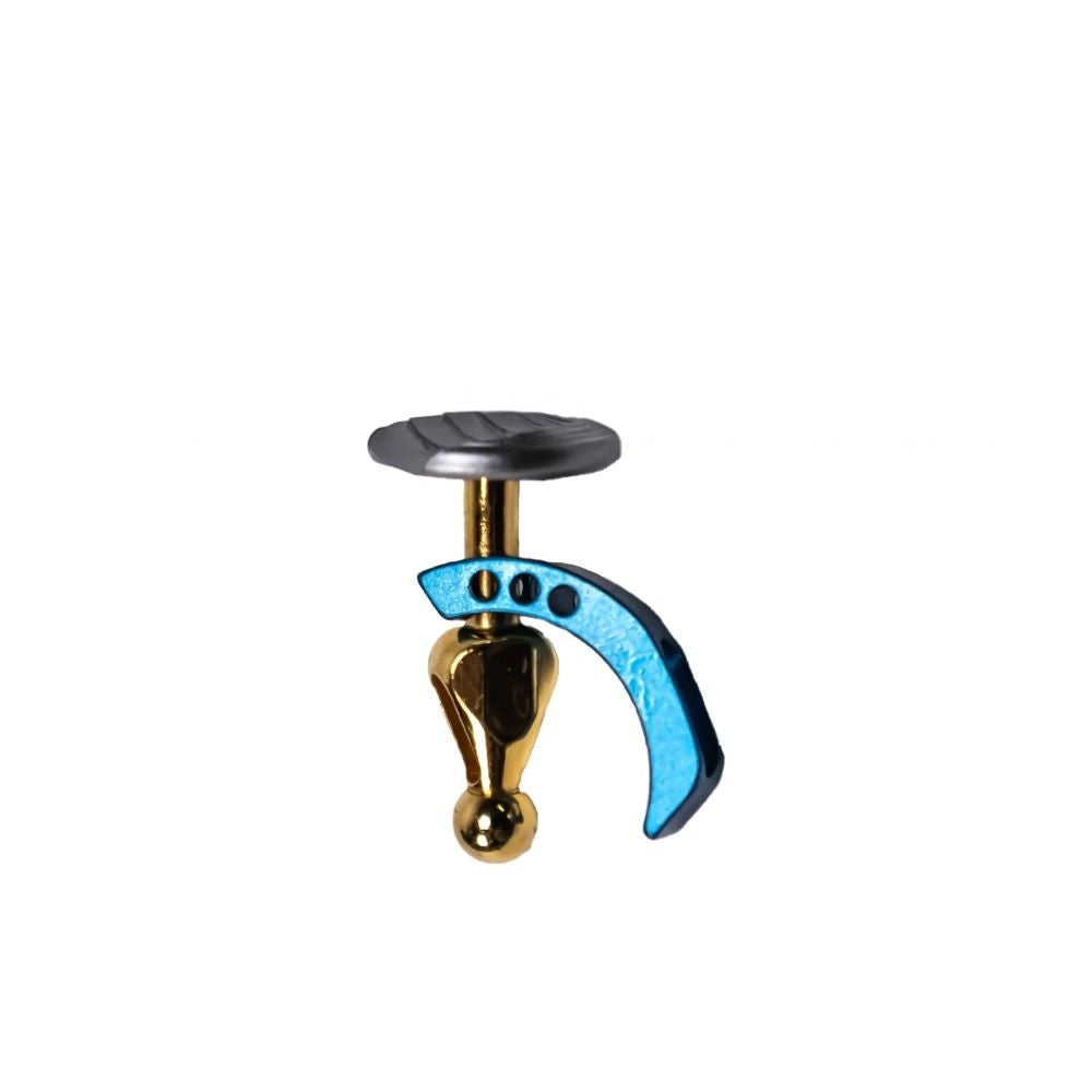 A specialized metallic clamp: gray ridged top, golden body, and curved blue arm