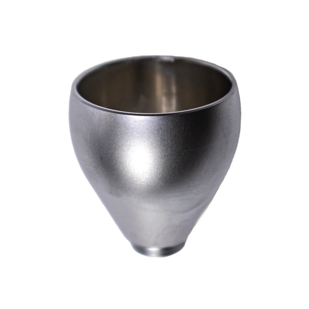 A brushed silver metal cup with a rounded top and tapering base