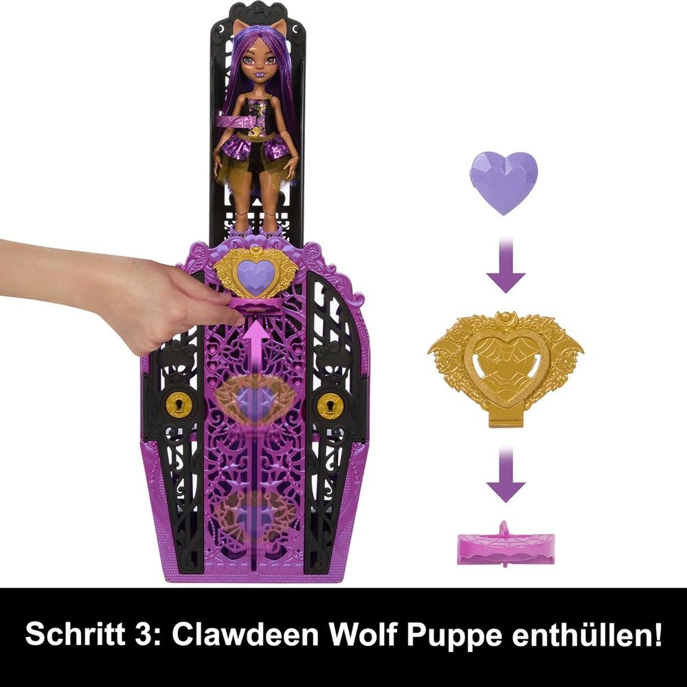 Hand reveals Monster High Clawdeen Wolf doll from a purple locker playset, heart-shaped mechanisms, including a gold spiderweb heart, are shown with a reveal sequence