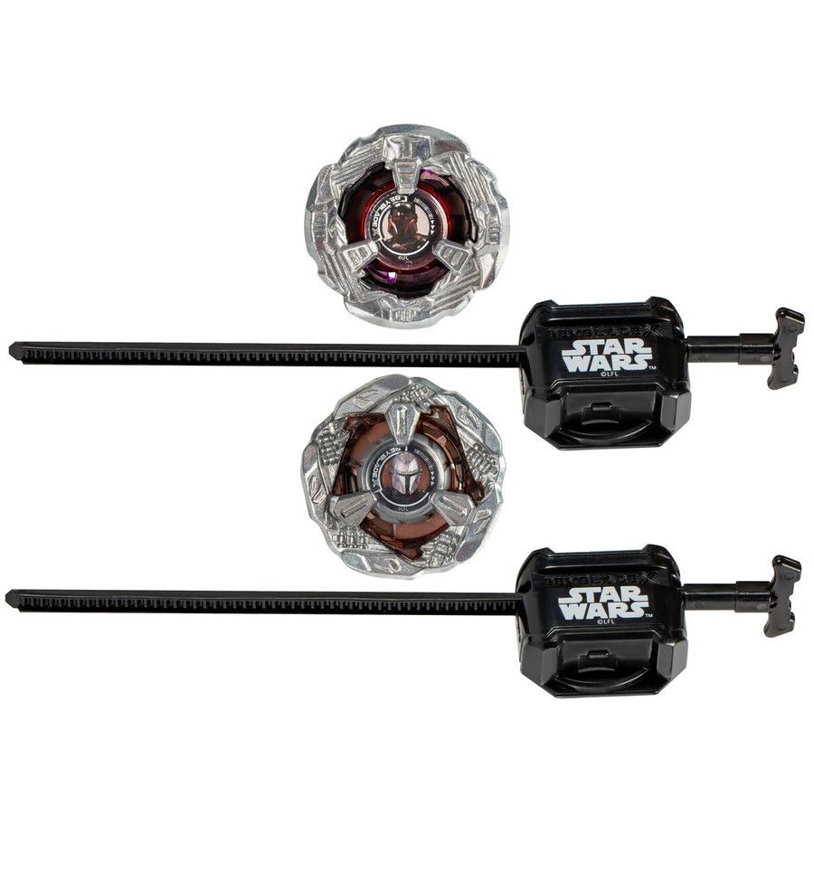 Two Star Wars battle top sets, each with a metallic top, black launcher, and ripcord, tops feature character helmets