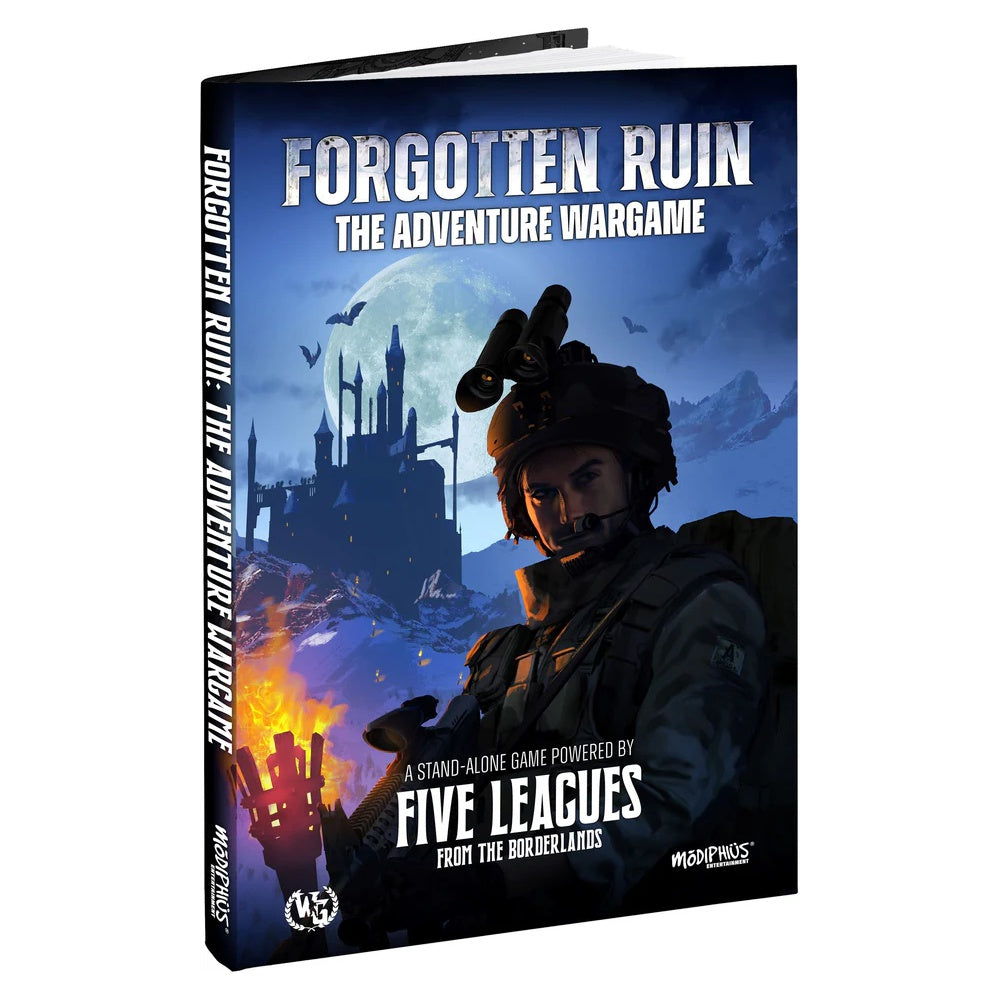 Cover for "Forgotten Ruin: The Adventure Wargame," featuring a soldier with NVGs & rifle, moonlit castle, mountains, and glowing fire