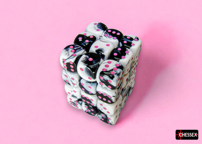 Chessex - CHX 26869 Gemini Black-White/pink 12mm d6 Dice Block (36 dice) (Preorder) - Good Games