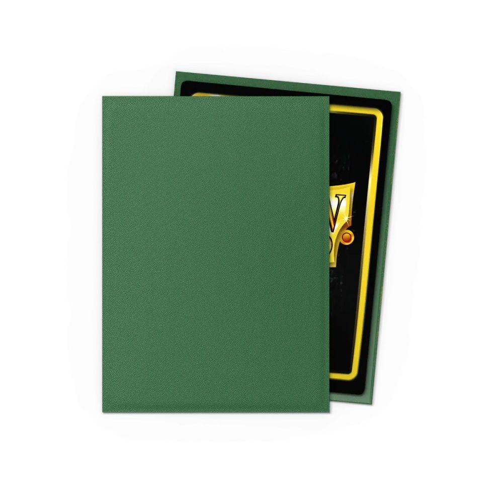 Forest Green textured card sleeve protecting a partially visible black TCG card with gold border