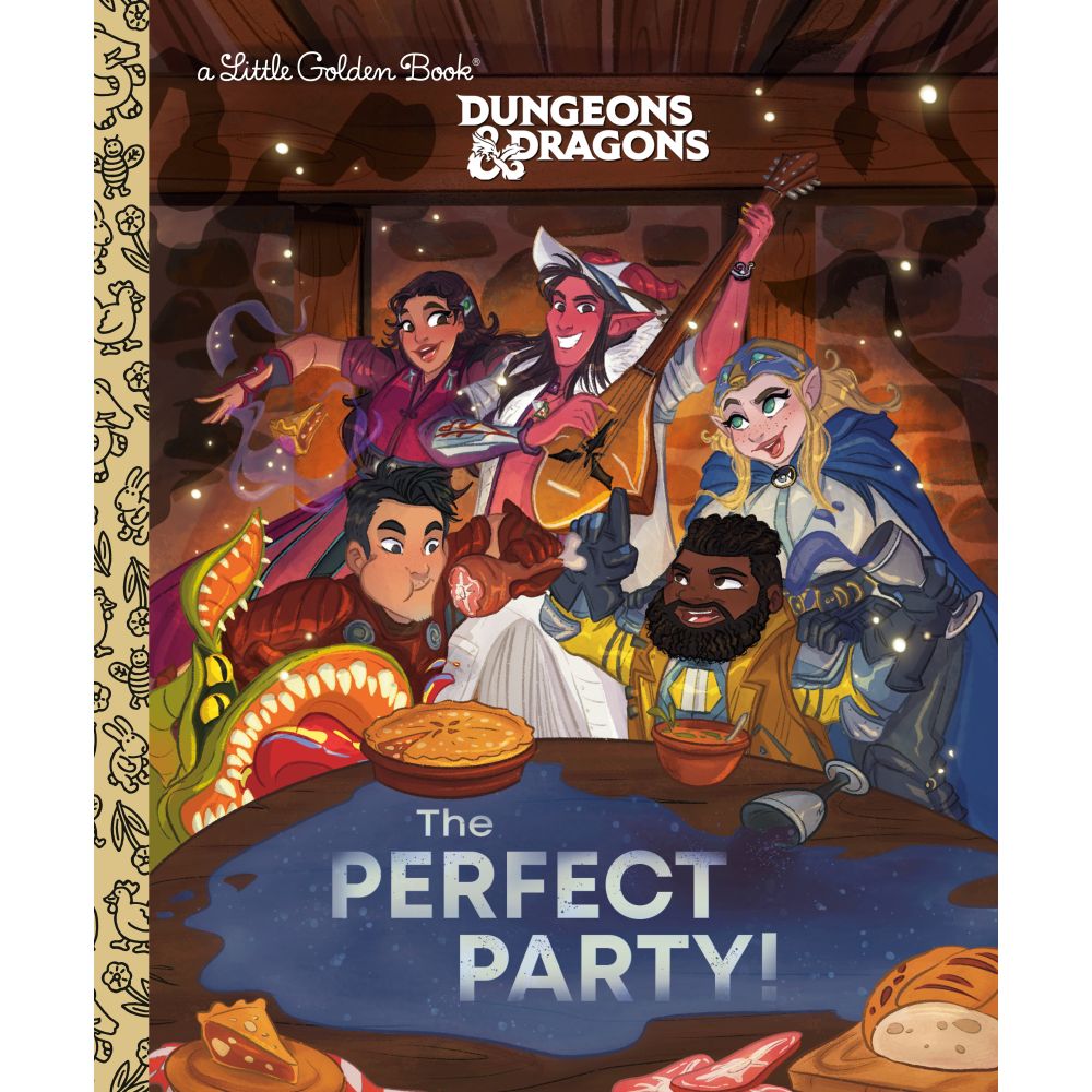 A Dungeons & Dragons Little Golden Book cover: Diverse fantasy adventurers feast and play music at a table. Title: The Perfect Party!
