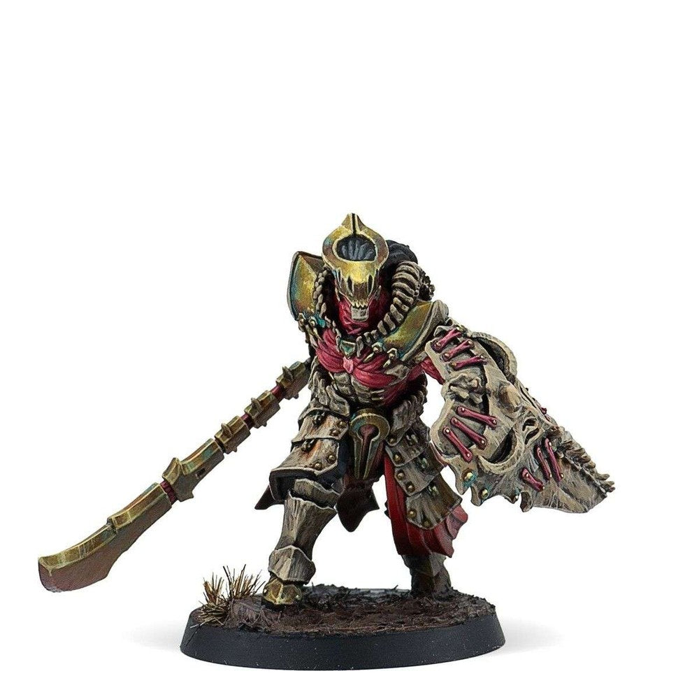 Painted grimdark miniature warrior in heavy armor, armed with a curved staff and a skull-like shield