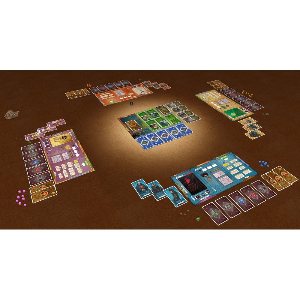 Complex board game set up on a brown table with multiple colourful boards, stacks of cards, dice, and various game pieces laid out
