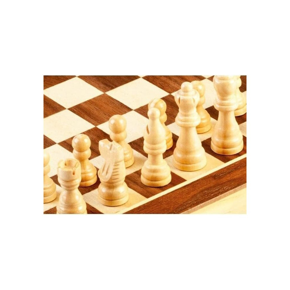 Close-up of the natural wood pieces from the 12-inch Cayro Magnetic Chess set showing the queen, knight, and pawns ready for play on the alternating wood squares