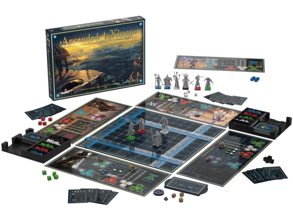 Complete Ascended Kings board game set with miniatures game boards cards and dice displayed on a white background