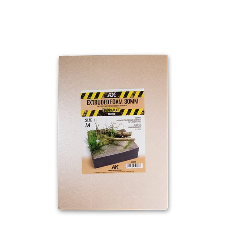 AK Interactive A4 30mm extruded foam sheet for diorama modeling, packaged with a label showing a miniature scene