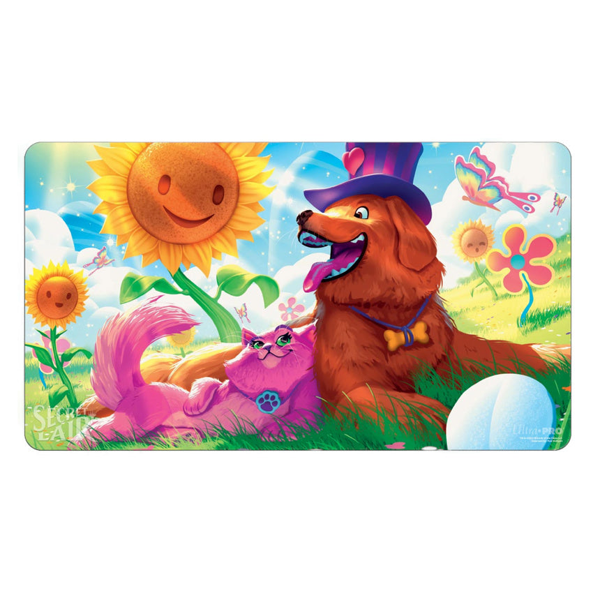 A happy cartoon brown dog in a top hat and pink cat lounging in a vibrant field with smiling sunflowers
