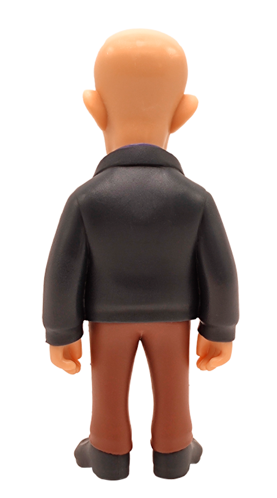 Back view of Minix Better Call Saul Mike Ehrmantraut collectible vinyl figure featuring a bald character with a white goatee purple shirt and black jacket