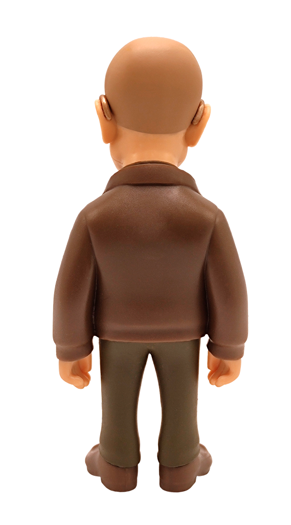Back view of Minix Breaking Bad Walter White vinyl figure in brown jacket dark green shirt and pants with a brown goatee and glasses