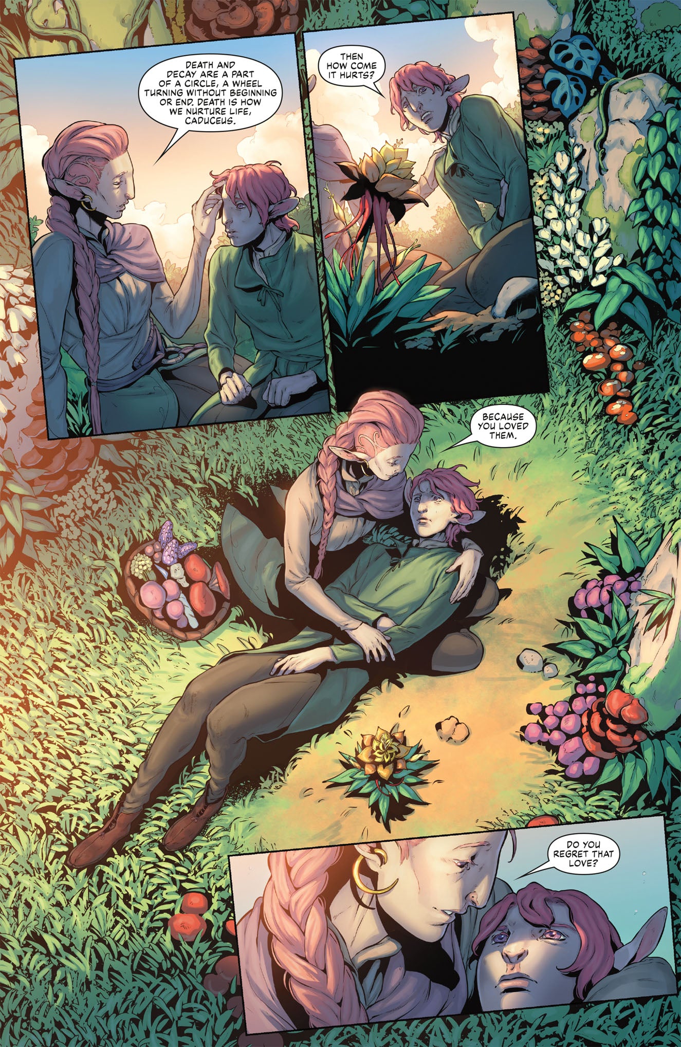 An elf with long pink braids comforts a sad, younger elf in a lush forest, embracing them closely amidst plants