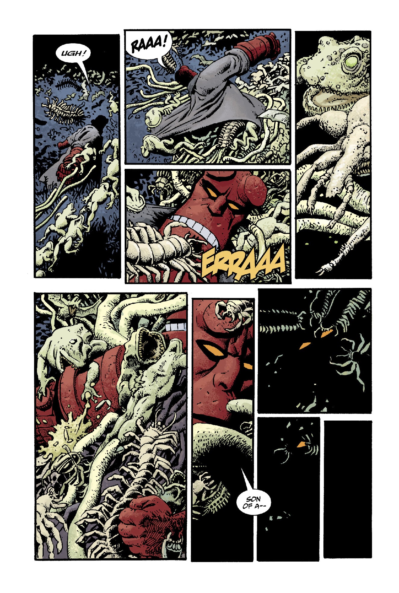 Red-skinned Hellboy, roaring, is engulfed by pale, monstrous frog creatures and centipedes