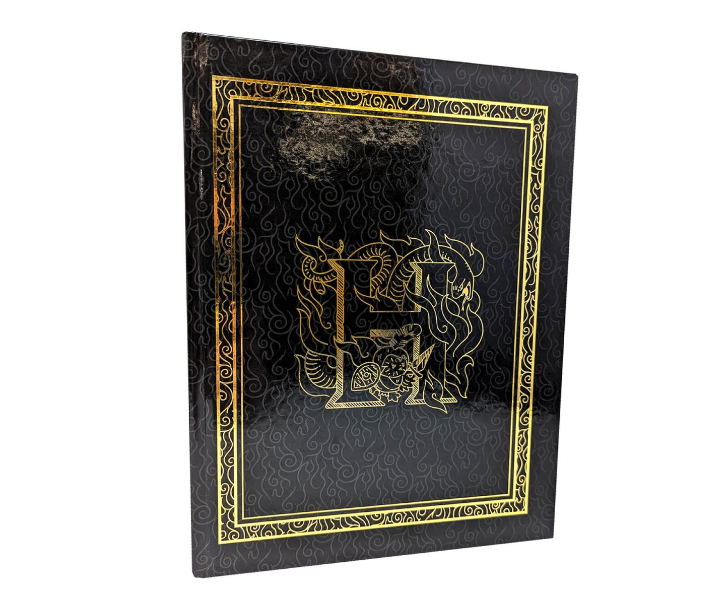 Glossy black collector's box with wavy texture, ornate gold border, and central gold emblem of stylized letters & flames.