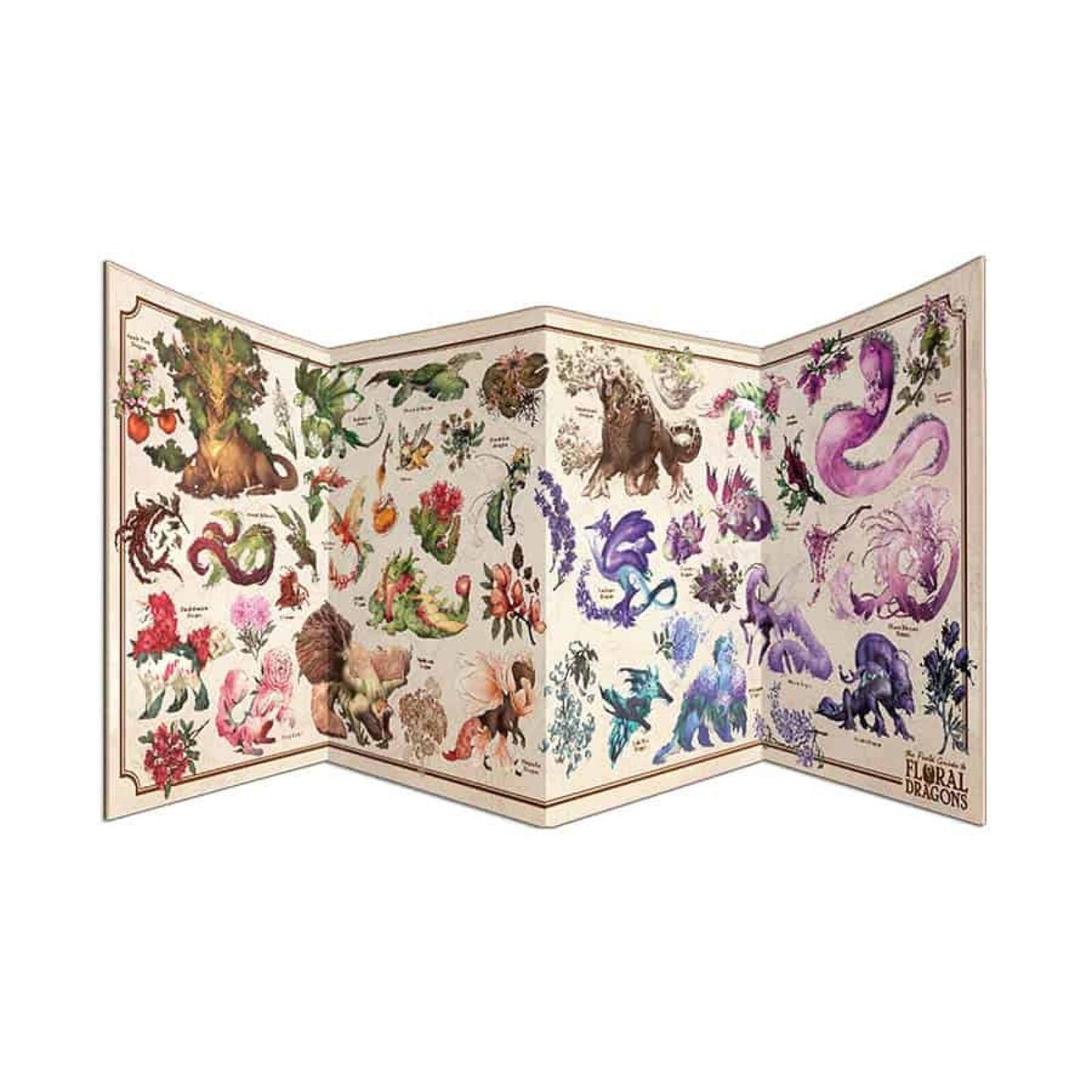 A tri-fold display shows colorful illustrations of many unique floral dragons, resembling a botanical guide