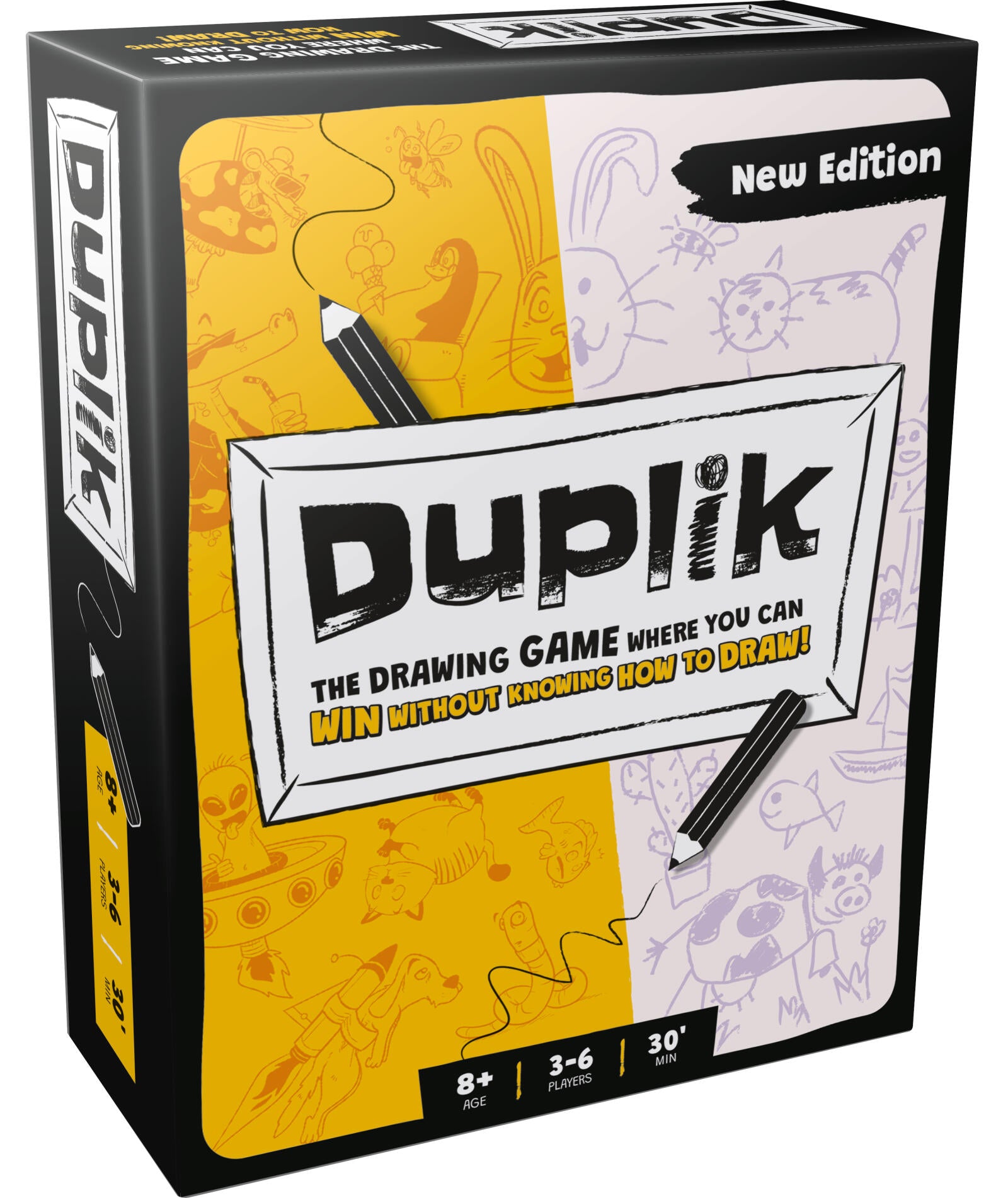 Duplik drawing game box. Black, yellow, and white with cartoon animals, aliens, pencils, and "New Edition" text