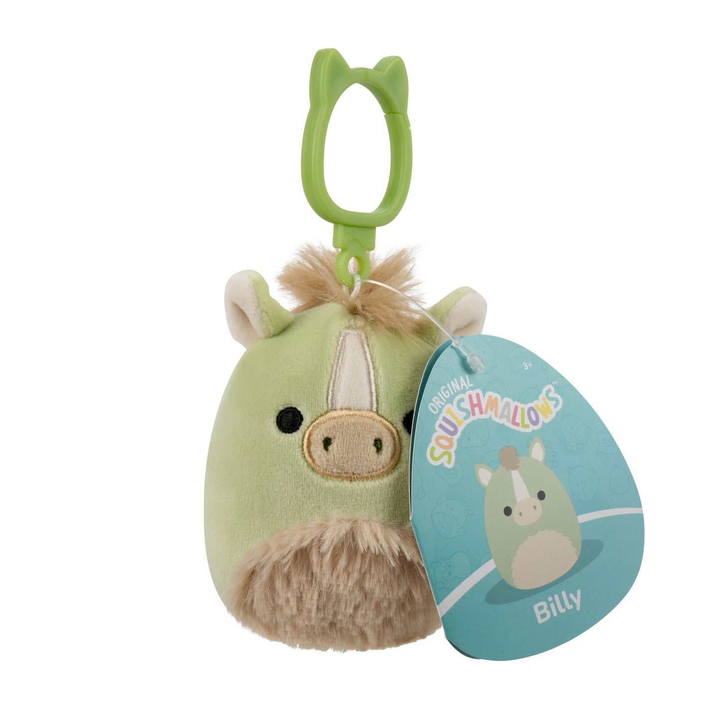 Mint green Squishmallow horse named Billy, with tan mane and a green clip, still attached to its product tag