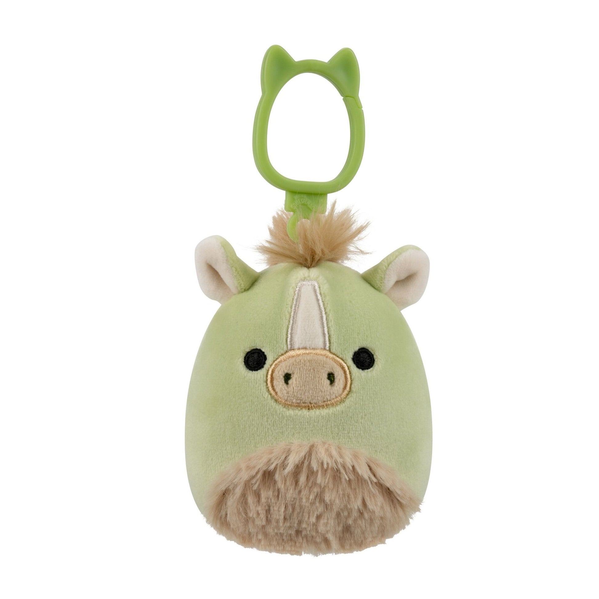 Light green plush pony keychain with a fluffy brown mane, black eyes, and a brown snout, attached to a green clip