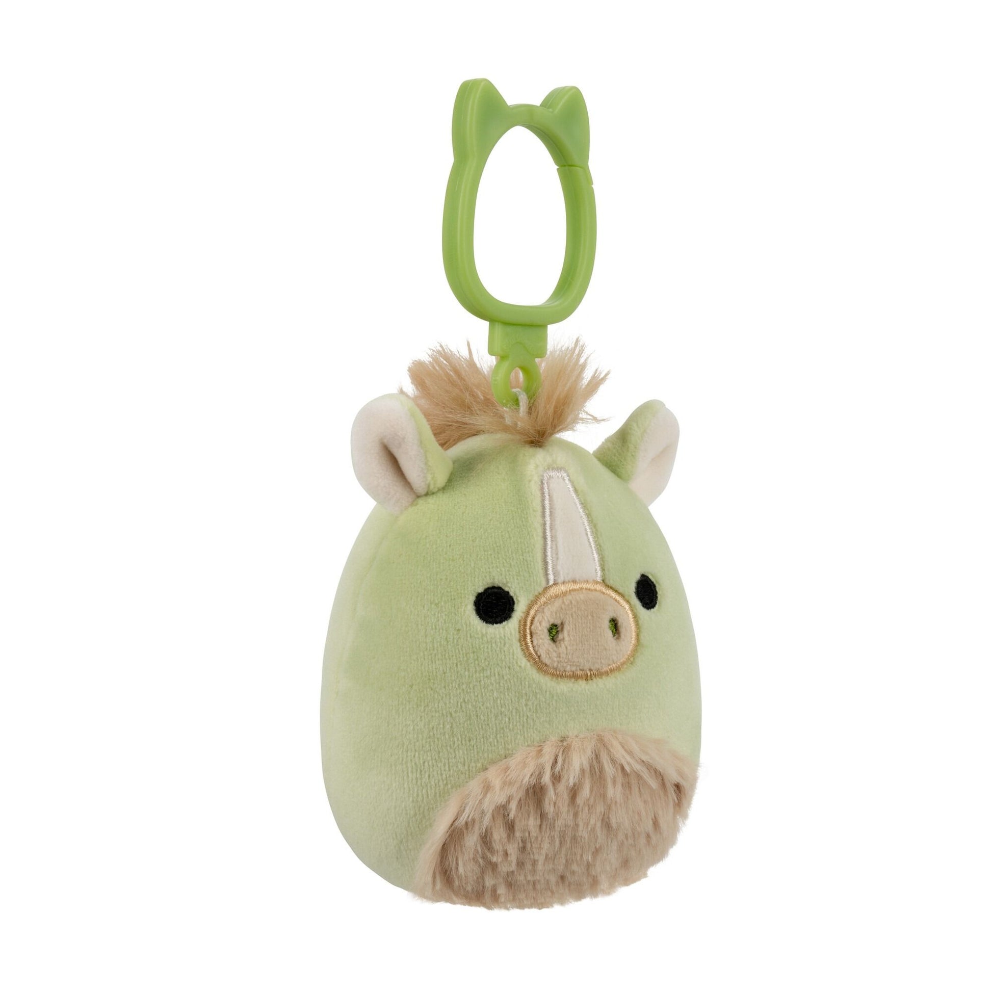 Squishy green plush equine keychain: tan mane, white face stripe, black eyes, fuzzy chest, green clip
