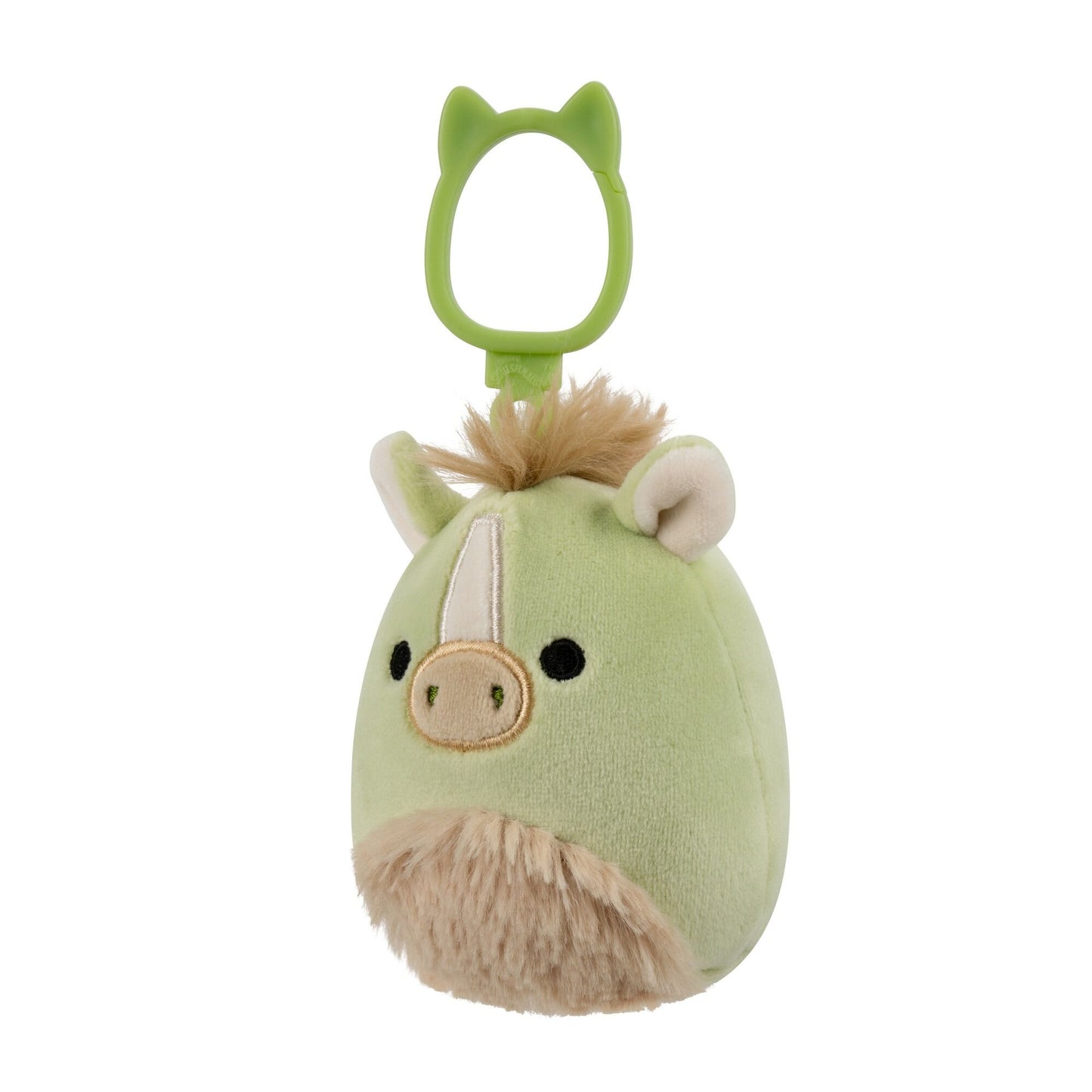 A light green Squishmallows horse plush clip with brown mane, white blaze, and a green cat-ear shaped hanger