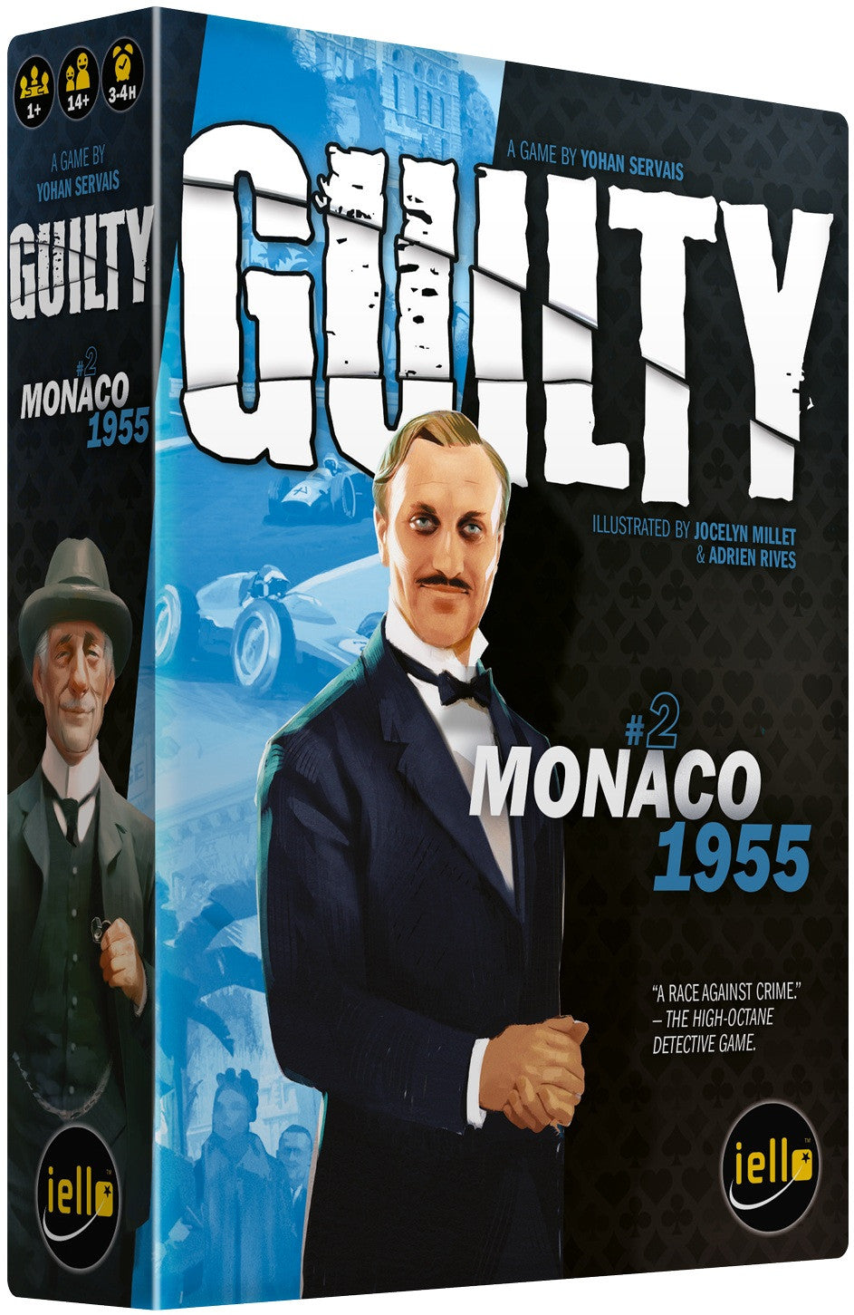 Guilty: Monaco 1955 board game box. A detective in a suit, vintage race cars, and Monaco buildings.