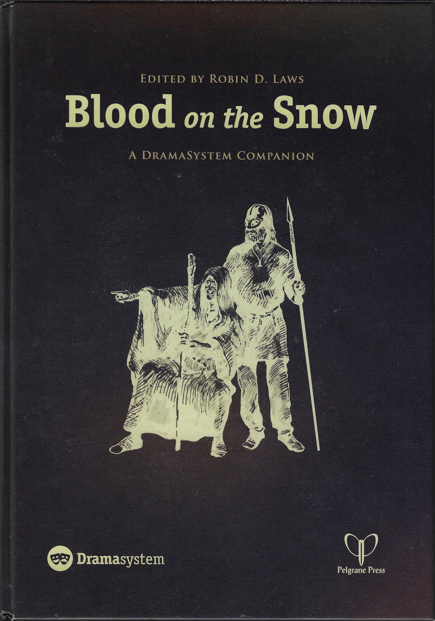 Book cover: "Blood on the Snow," a Dramasystem companion. Stylized art shows a robed figure pointing and masked warrior with spear