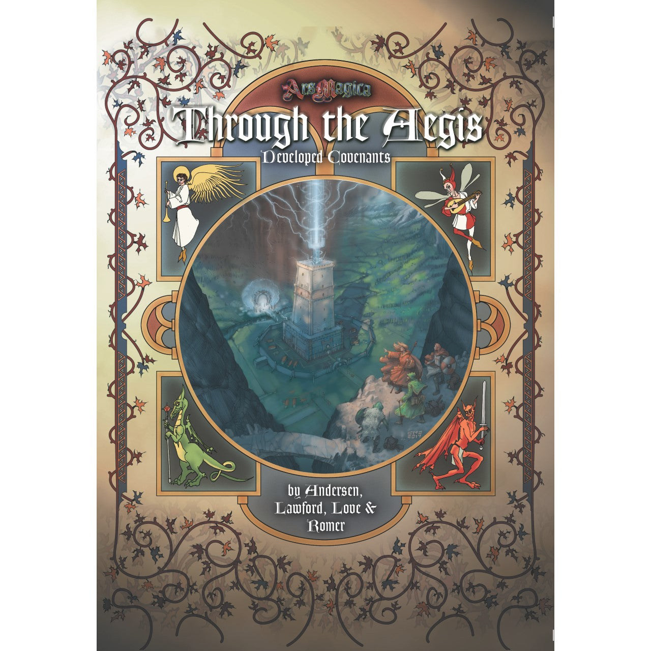 Ars Magica: Through the Aegis cover. Lightning strikes a tower; medieval figures, an angel, jester, dragon, and demon