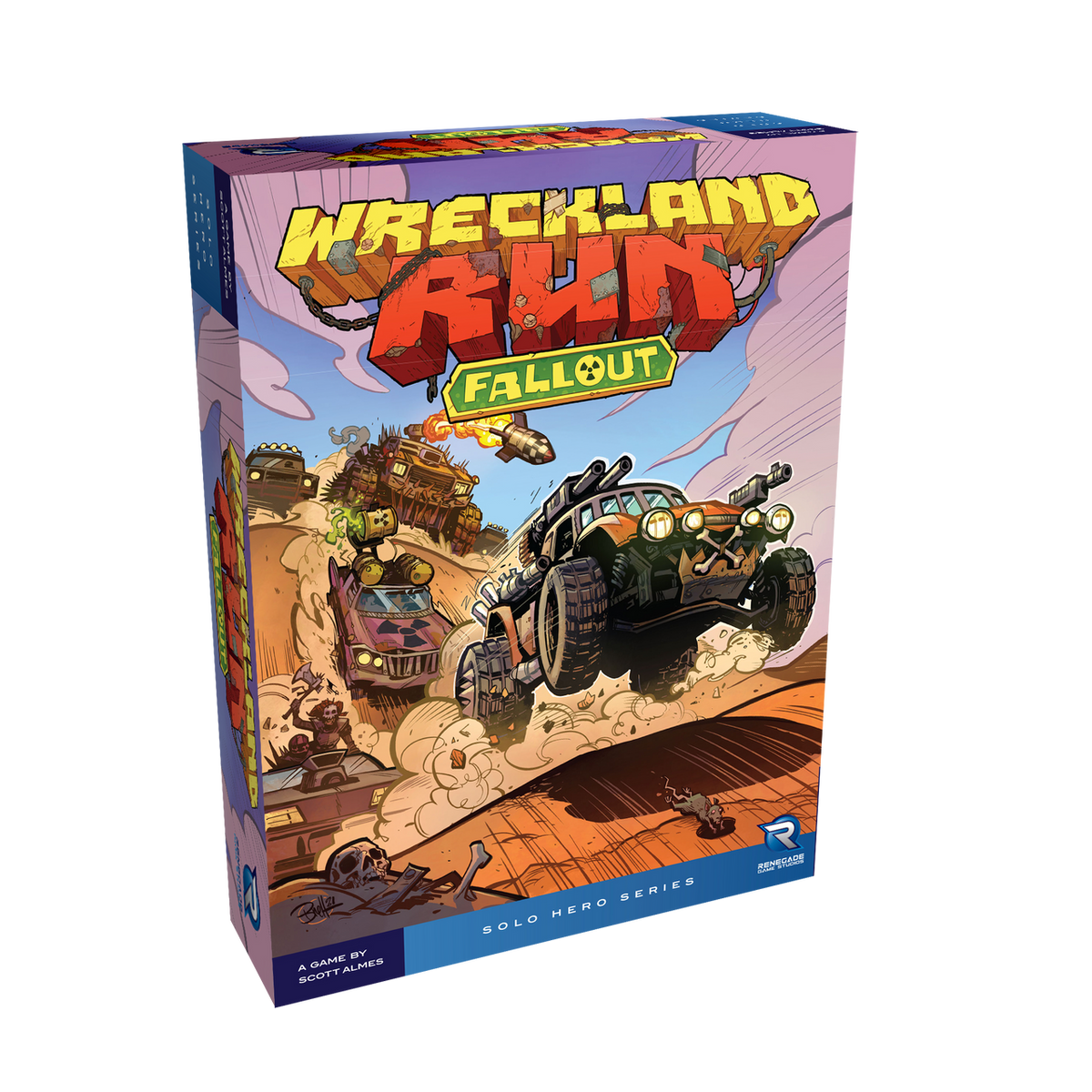 Board game box for Wreckland Run: Fallout, featuring armed vehicles racing through a dusty desert