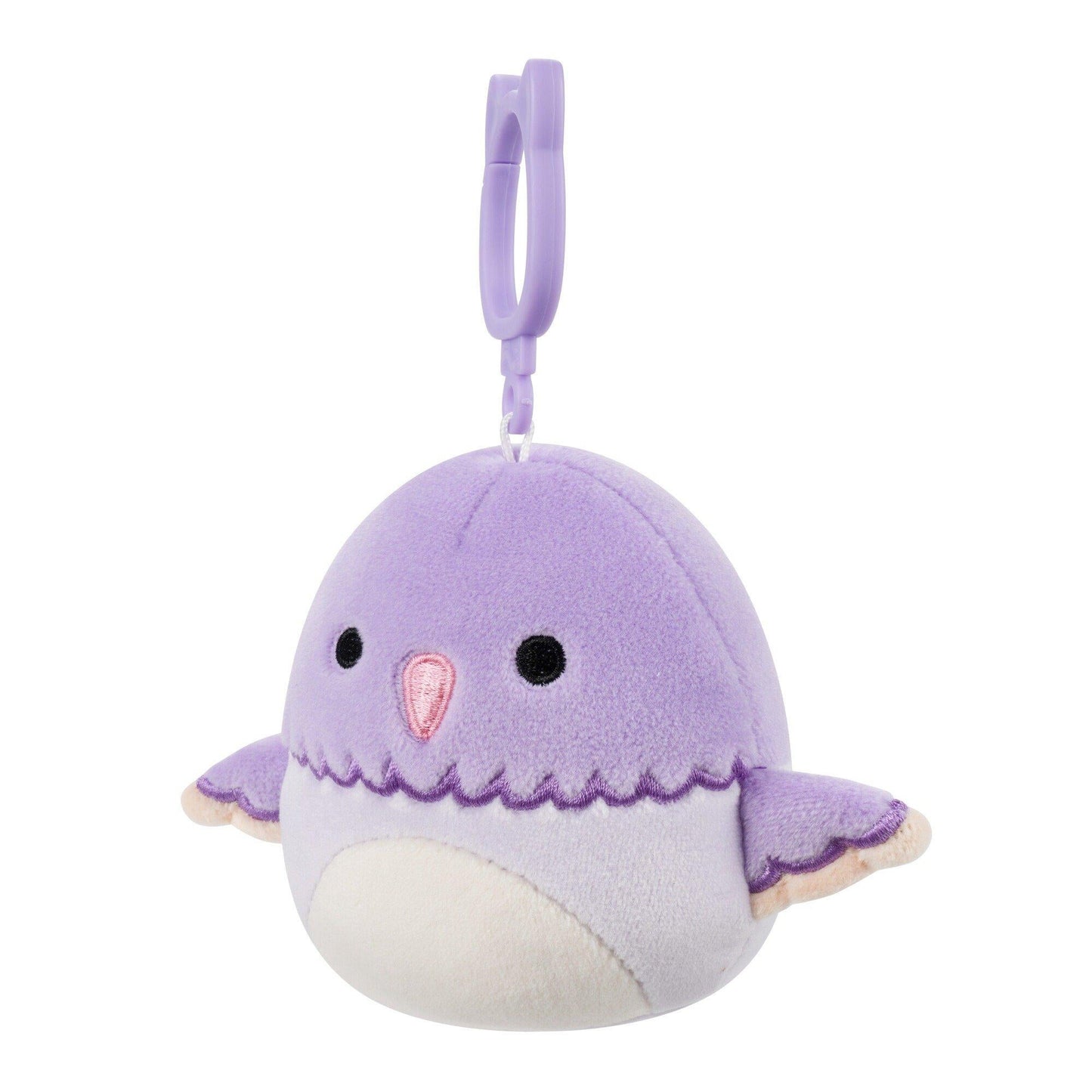 A purple and white plush bird keychain, with black eyes and a pink beak, hangs from its clip