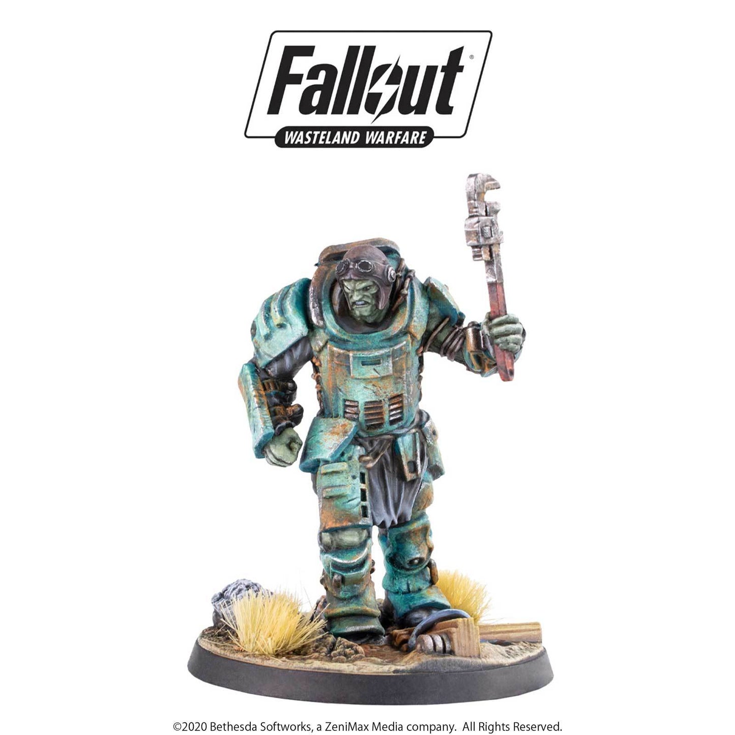 Fallout Wasteland Warfare miniature: A Super Mutant in rusty teal armor, holding a large pipe wrench