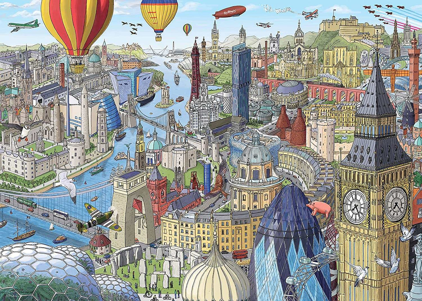 Ravensburger Around the British Isles 1000-piece puzzle showing famous UK landmarks like Big Ben Stonehenge and Blackpool Tower with hot air balloons and planes