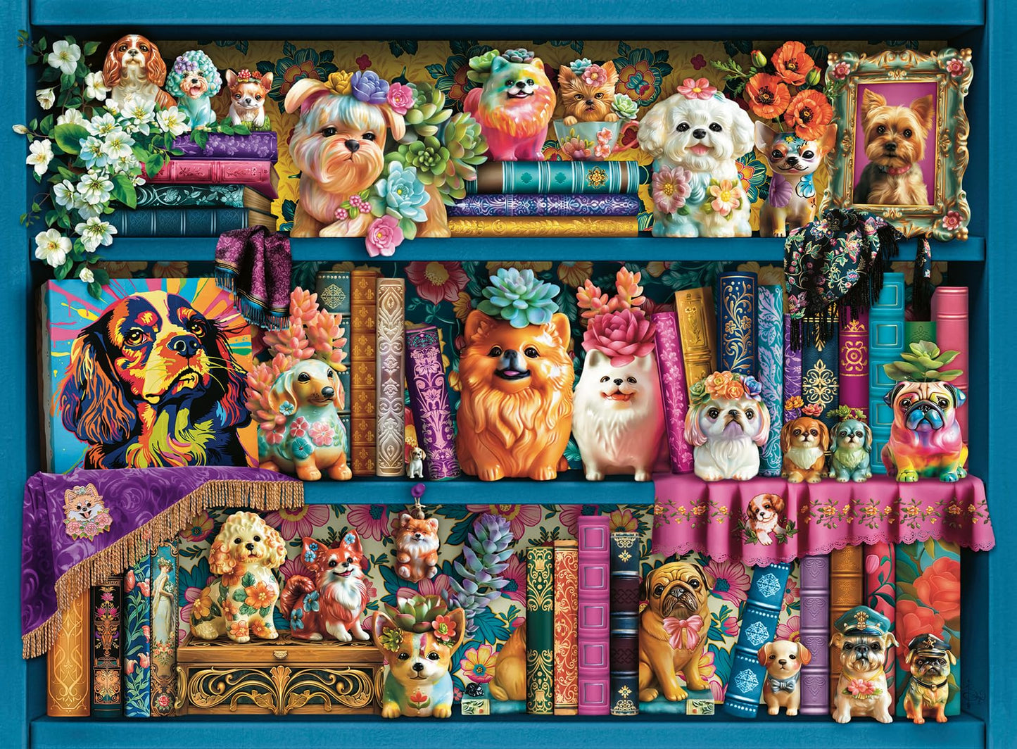 Ravensburger Precious Porcelain Pups 500-piece puzzle showcasing colorful dog figurines and paintings on shelves with books and floral decor