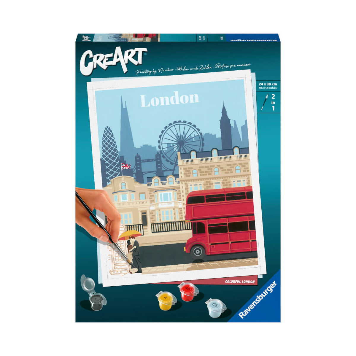 This Ravensburger Creart Painting by Numbers kit features the Colorful London theme with a red double-decker bus and 24 by 30 centimeter dimensions