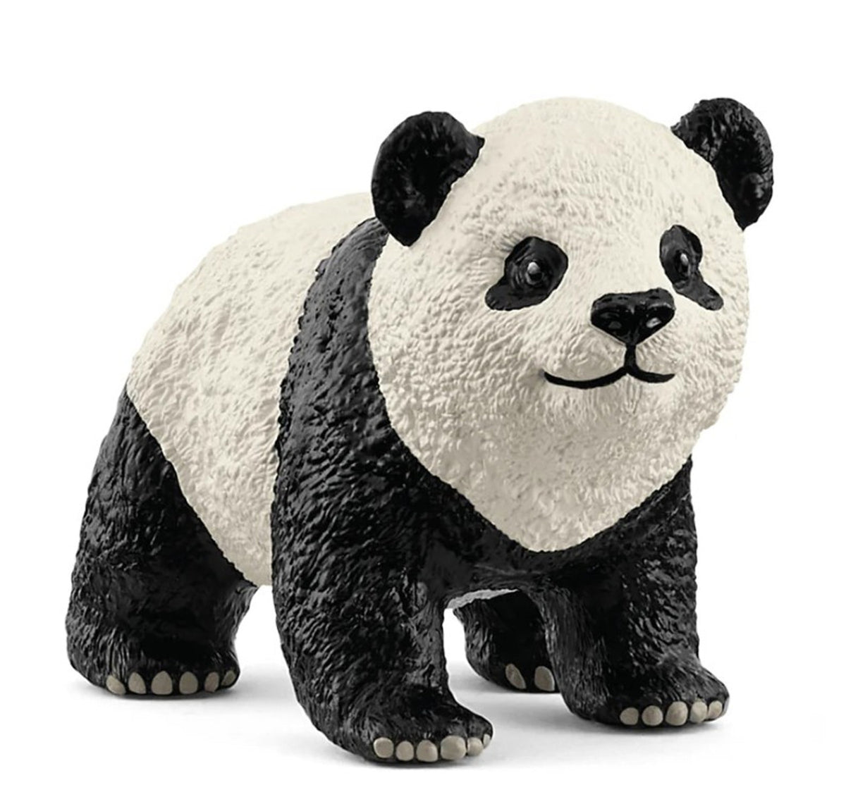 A giant panda cub figure, black and white, standing with a slight smile