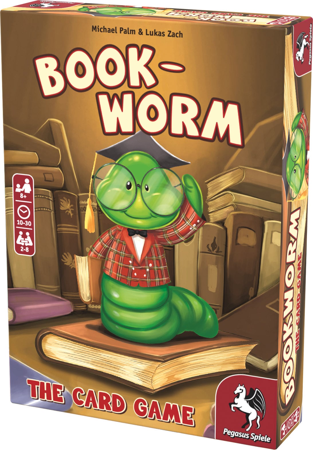 Book-Worm Card Game box showing a green worm in a cap and plaid jacket holding a book amongst other books