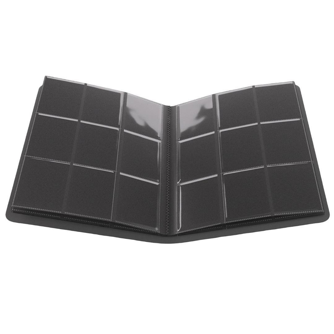 An open black Gamegenic card collector's album featuring a spread of eighteen visible nine-pocket pages used for storing Star Wars Unlimited trading cards