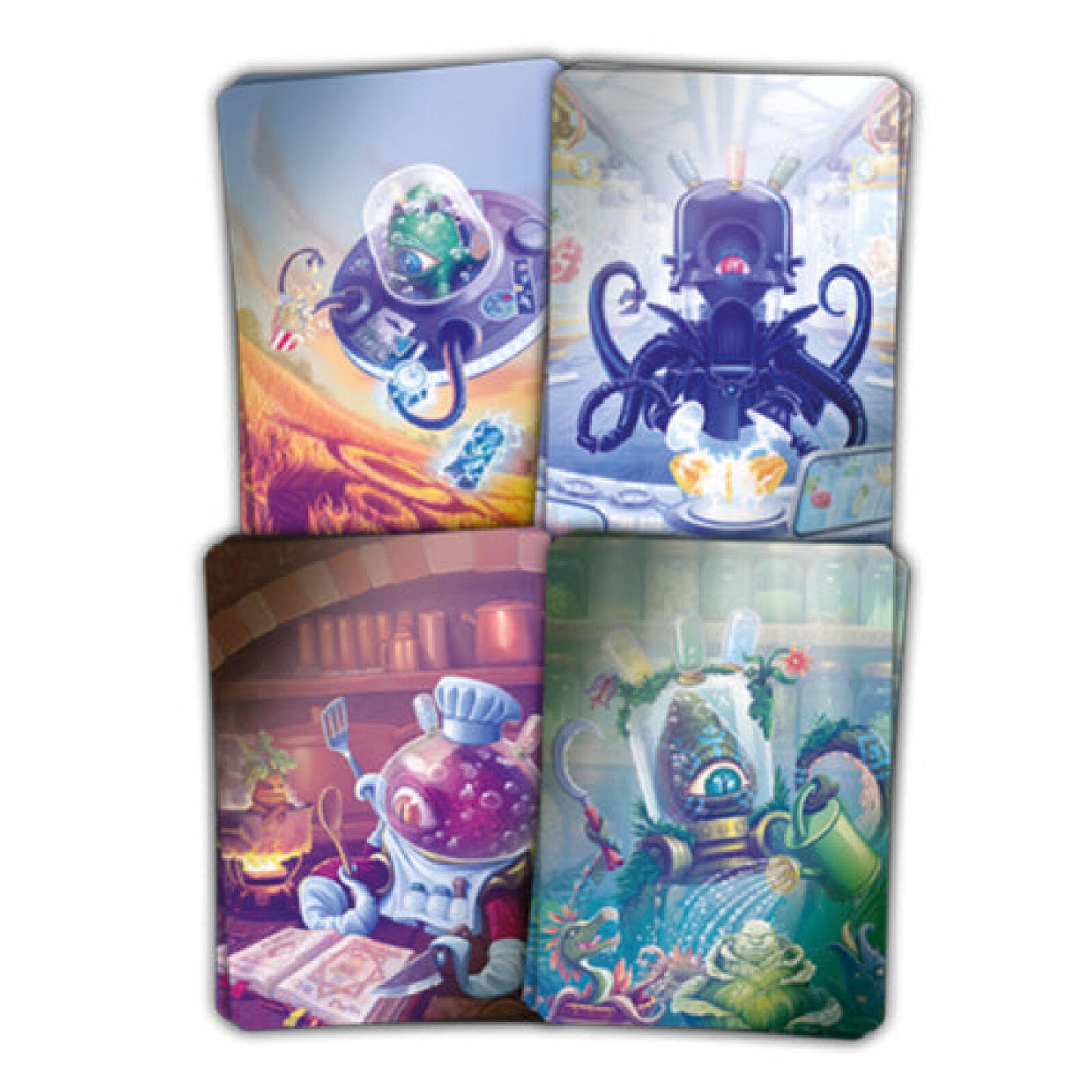 Four Mindbug game cards depict whimsical creatures: an alien in a UFO, a tentacled robot, a chef diver, and an eyed gardener