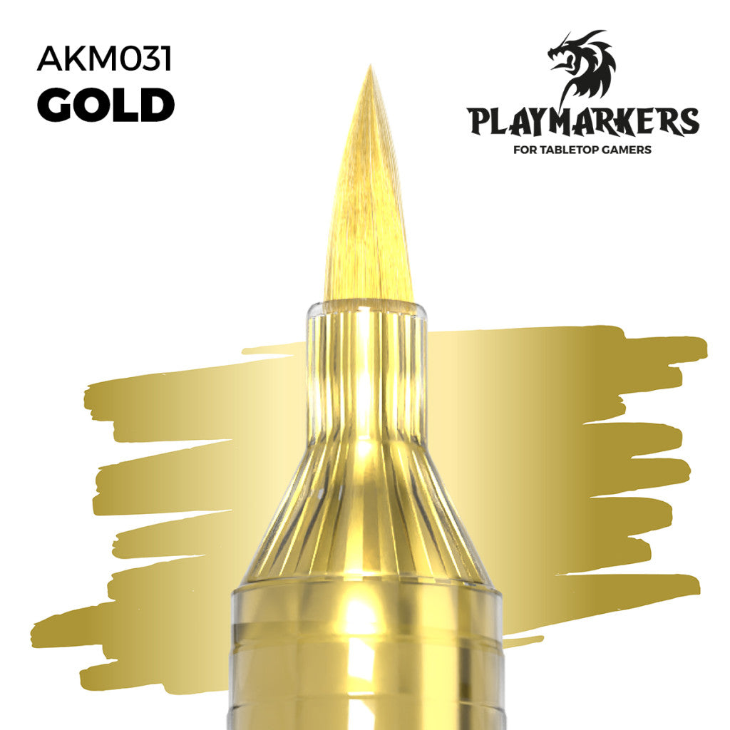 Gold marker tip and paint swatch, Playmakers hobby paint for tabletop gamers