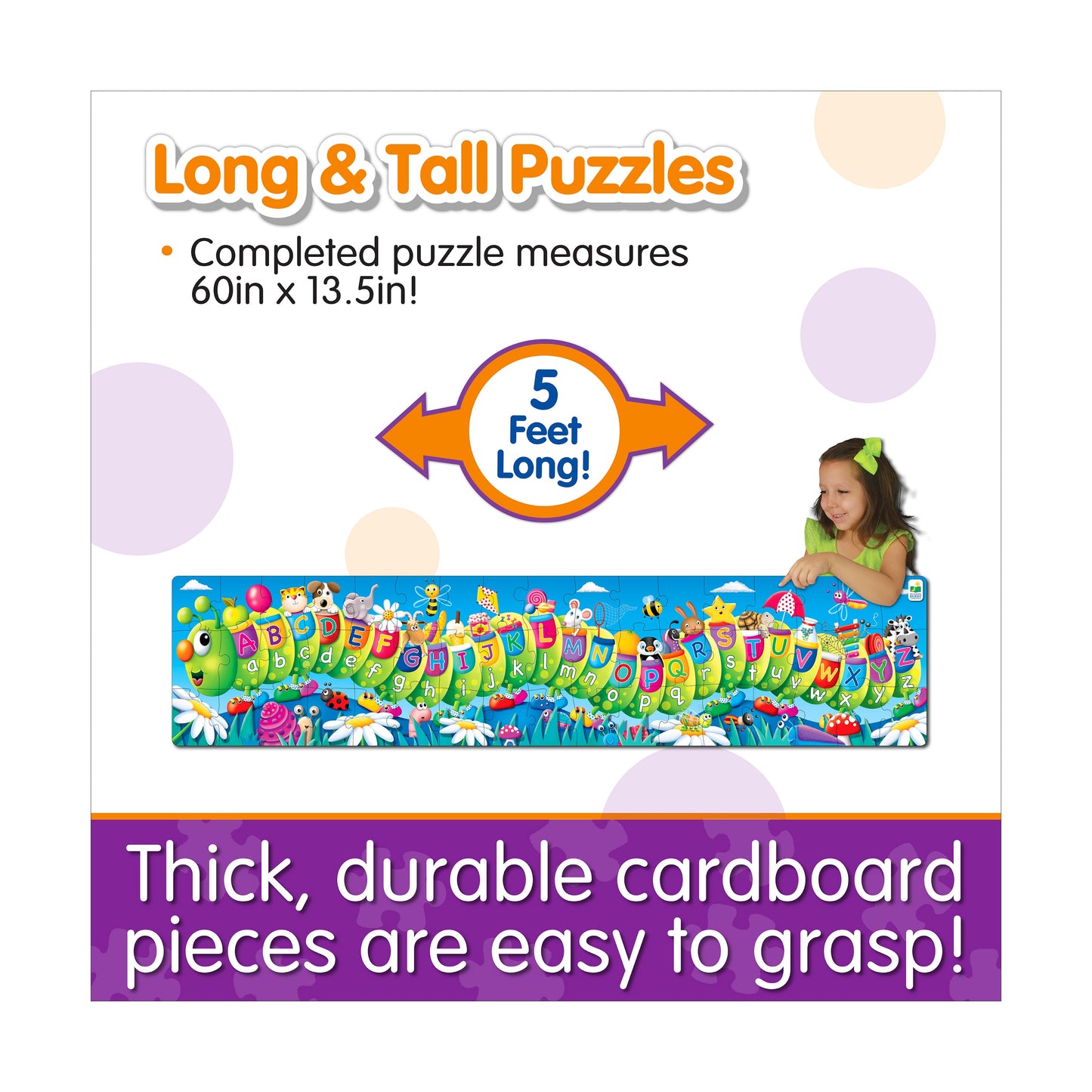 A child plays with a 5-foot long alphabet caterpillar floor puzzle