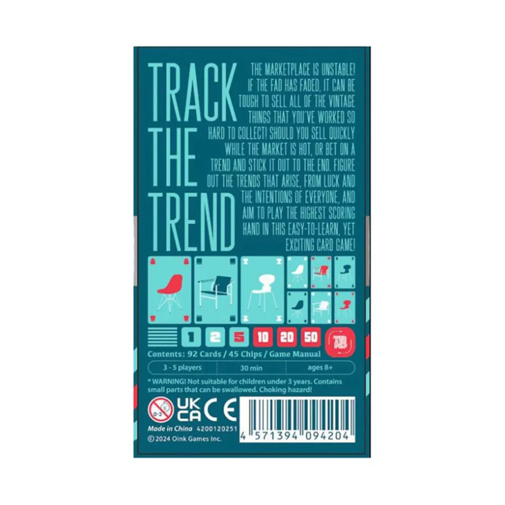 Back of the Oink Games TRND card game box with the title Track the Trend, game description, and images of stylized chairs and numbered tokens