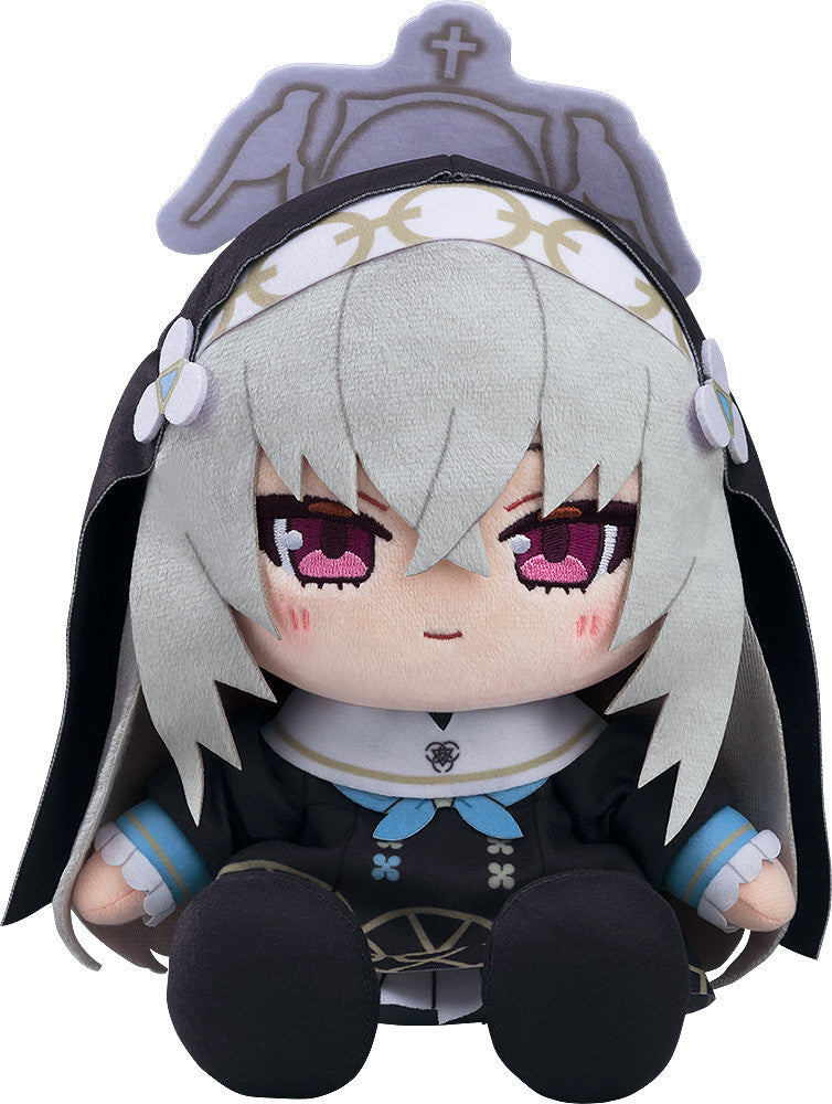 A plush toy of a serious anime nun character with gray hair, magenta eyes, and a black habit featuring a cross headpiece
